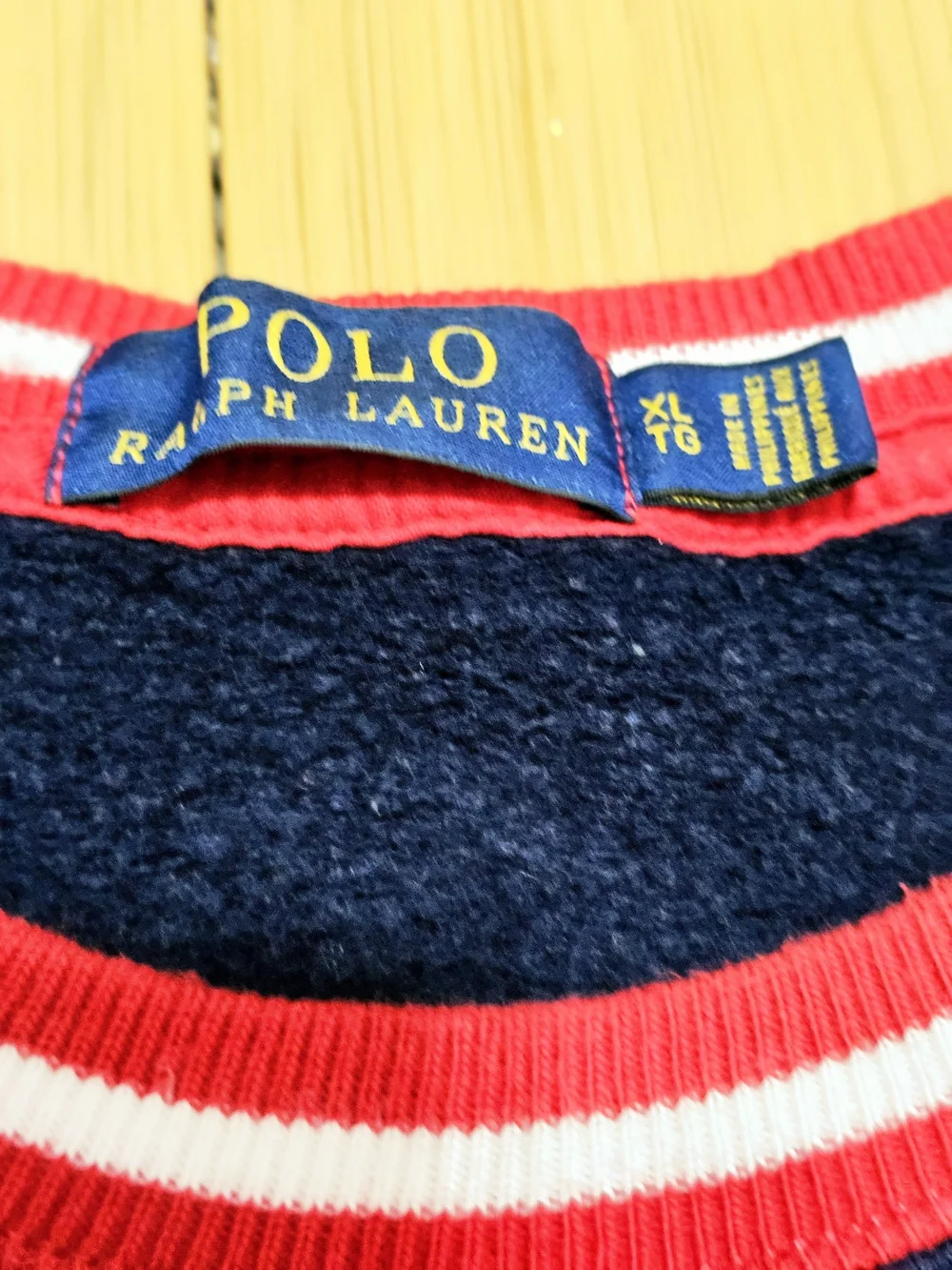 Ralph Lauren Navy Crewneck Sweater with Gold Crest and Red-White Trim